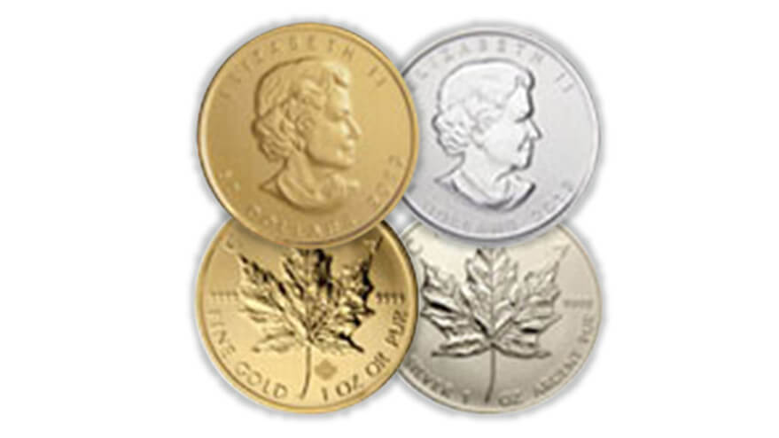 Close-up view of gold and silver coins
